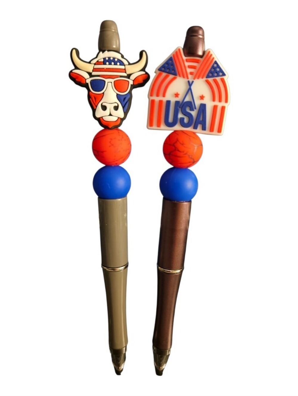 Patriotic USA & Bull Topper Ballpoint Pens - Red, Blue, Orange
